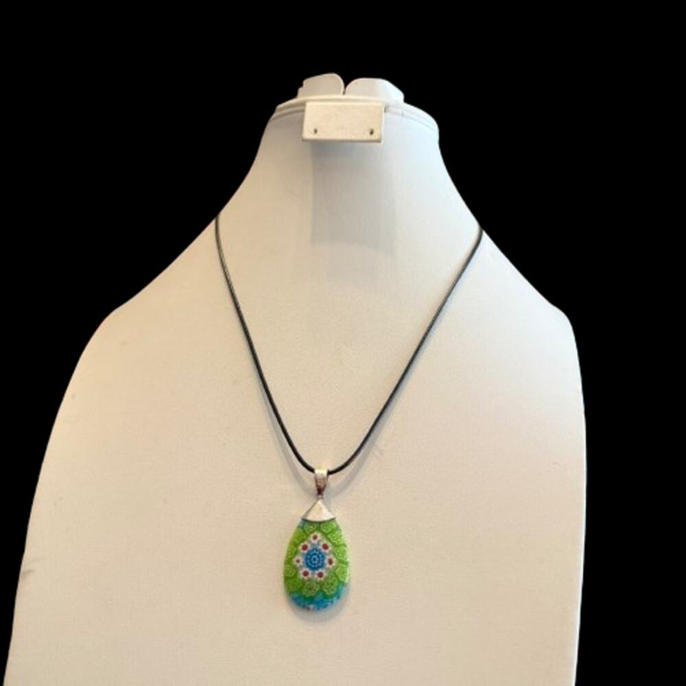Murano Style Millefiori Green Blue Oval Glass Pendant - Picture 4 of 4